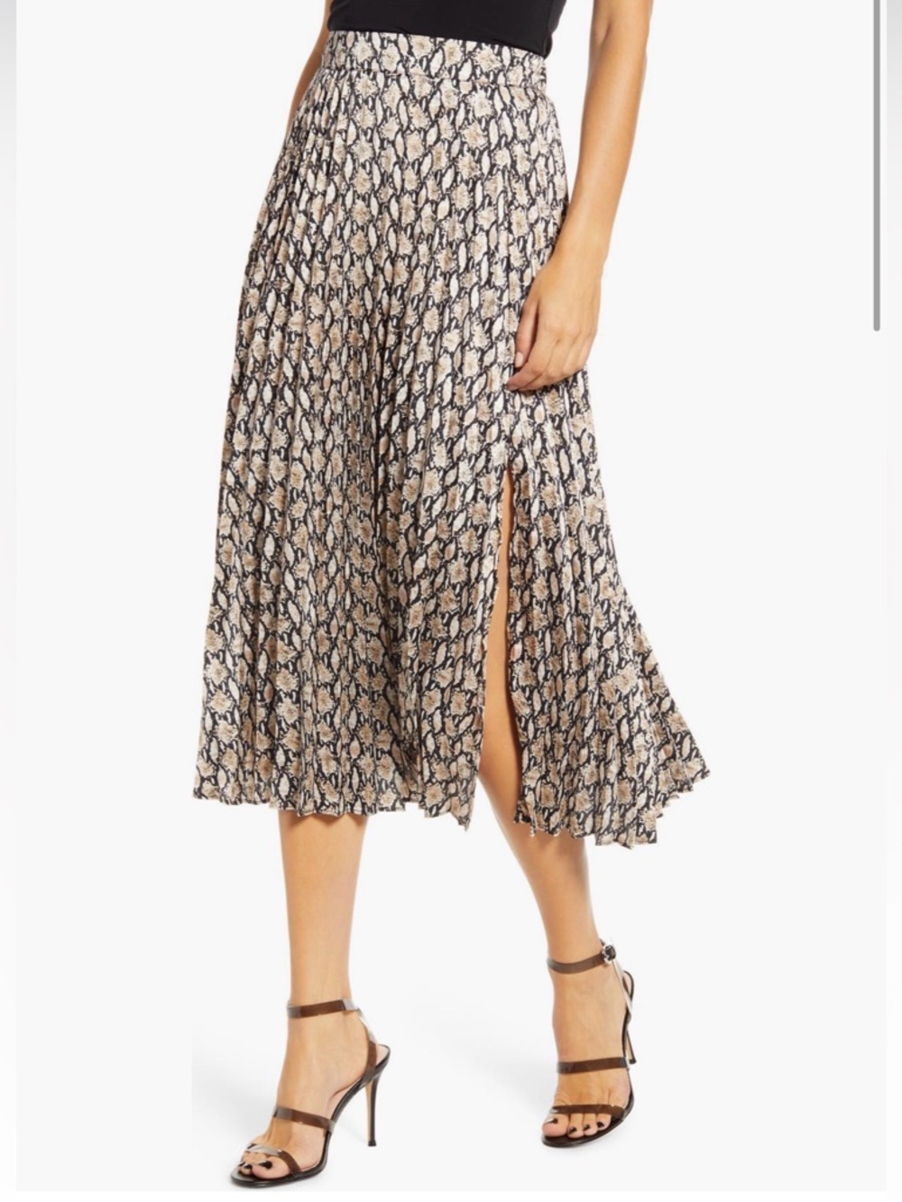 All in Favor Beige and Black Pleated Snake-Print Midi Skirt with Side Slit